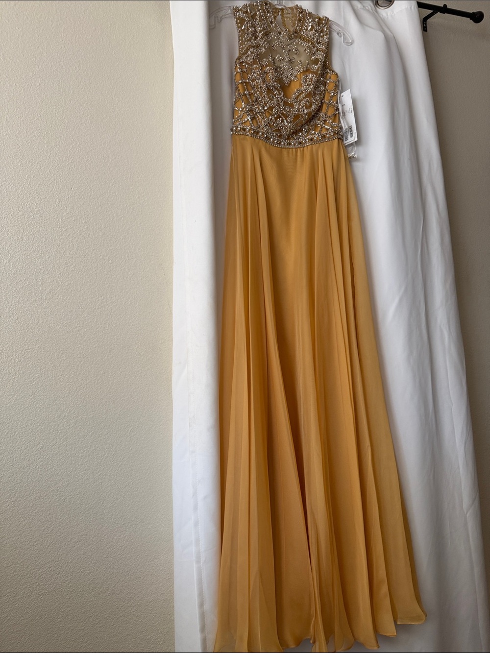 Jovani Mustard Beaded Illusion Bodice Prom Gown